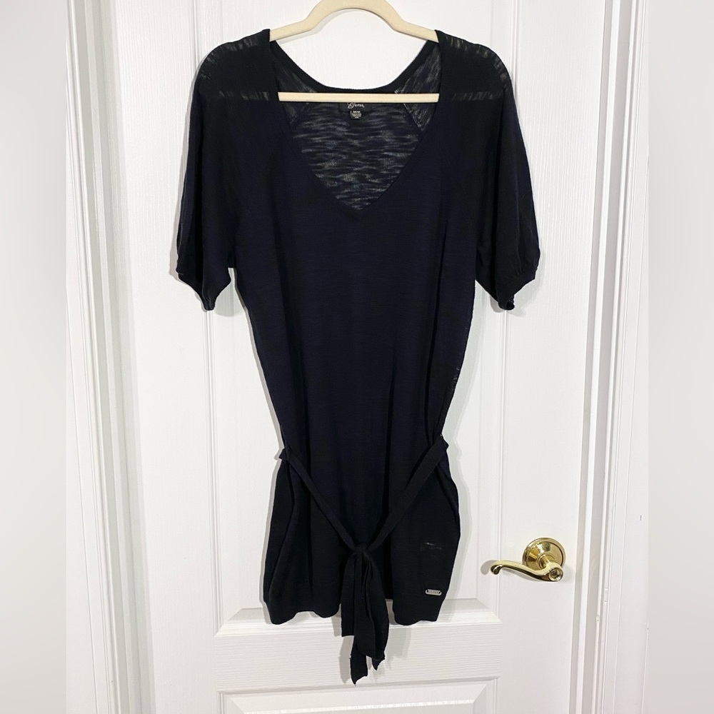 Y2K Guess V Neck Short Sleeve Belted Tunic Sweater Black Medium